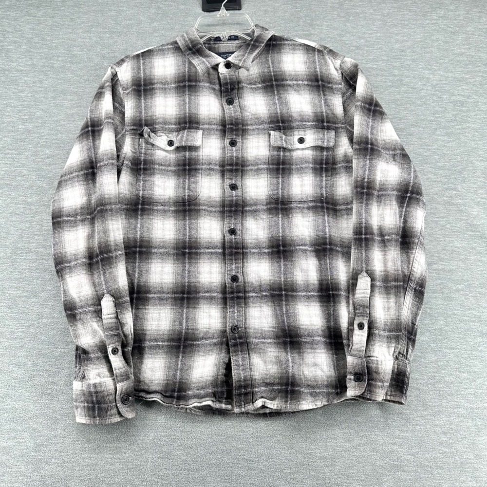 Lucky Brand Button Up Mens Medium Black White Plaid Classic Fit Cotton Flannel